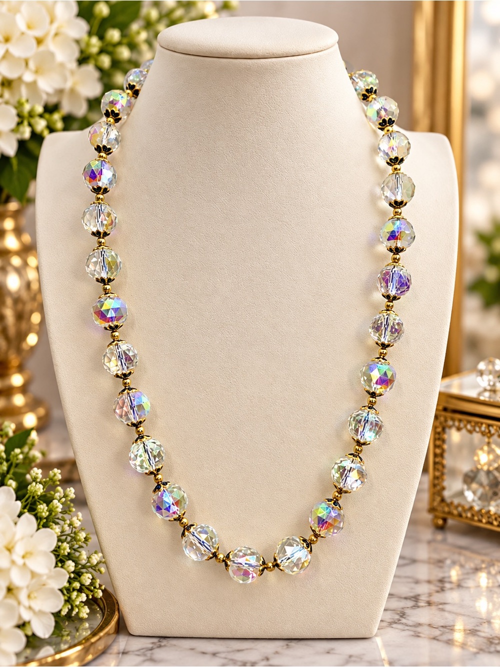 Aurora Elegance – 24” Aprilsplace Faceted Glass Statement Necklace